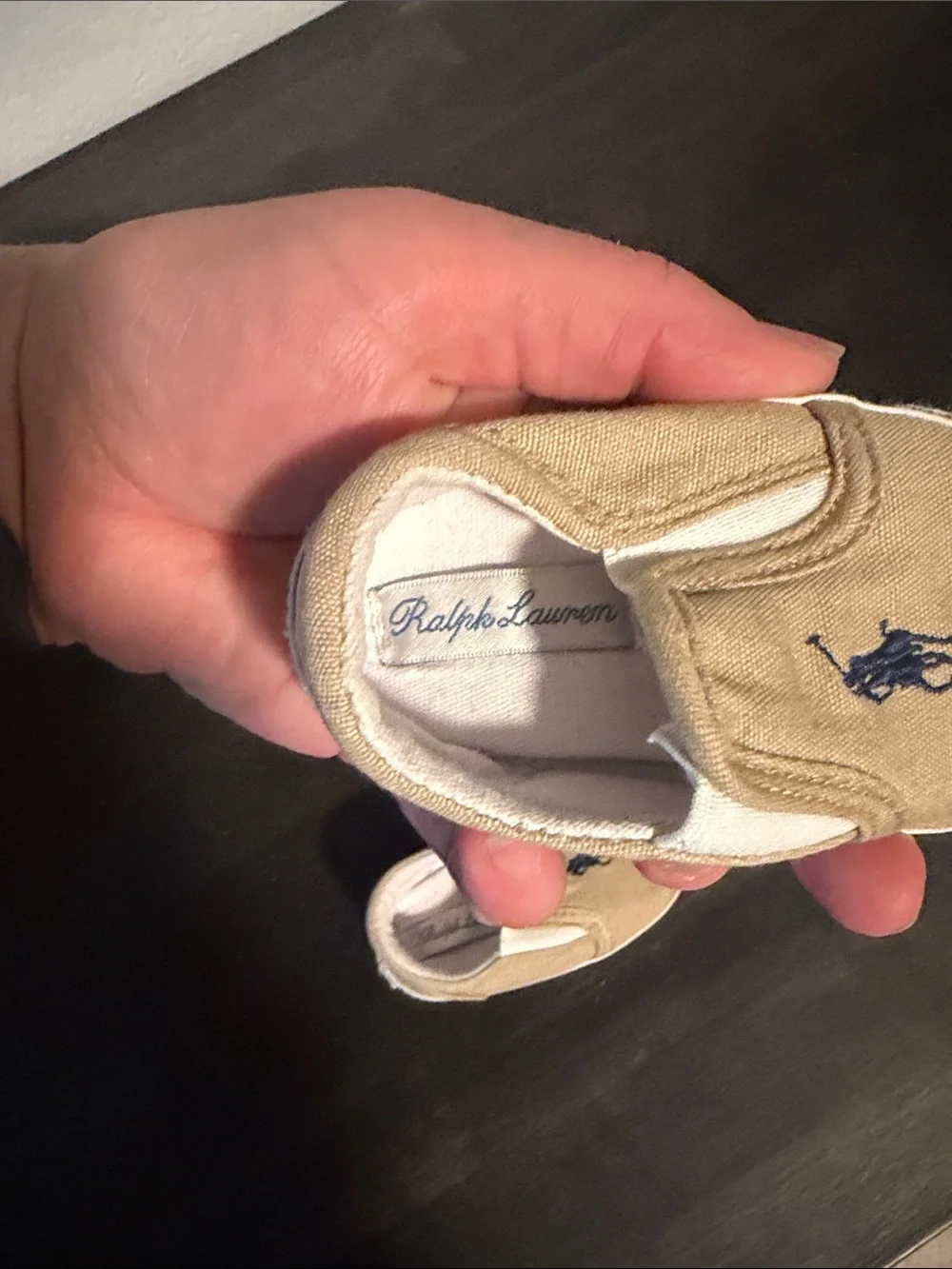 Polo Ralph Lauren Tan Blue Embroidered Pony Crib Shoes Size 3 Months